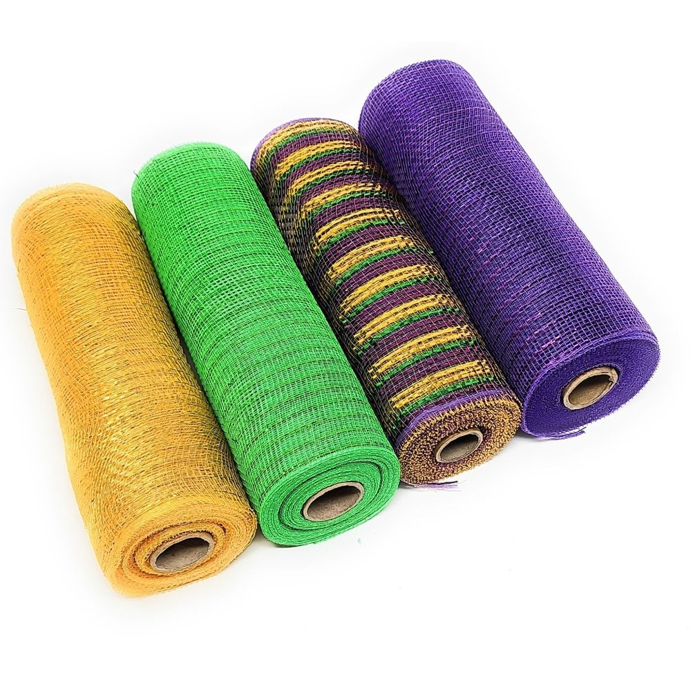 Mardi Gras 10" x 30ft Deco Mesh Ribbon Roll Set (Gold, Green, Stripes, Purple)